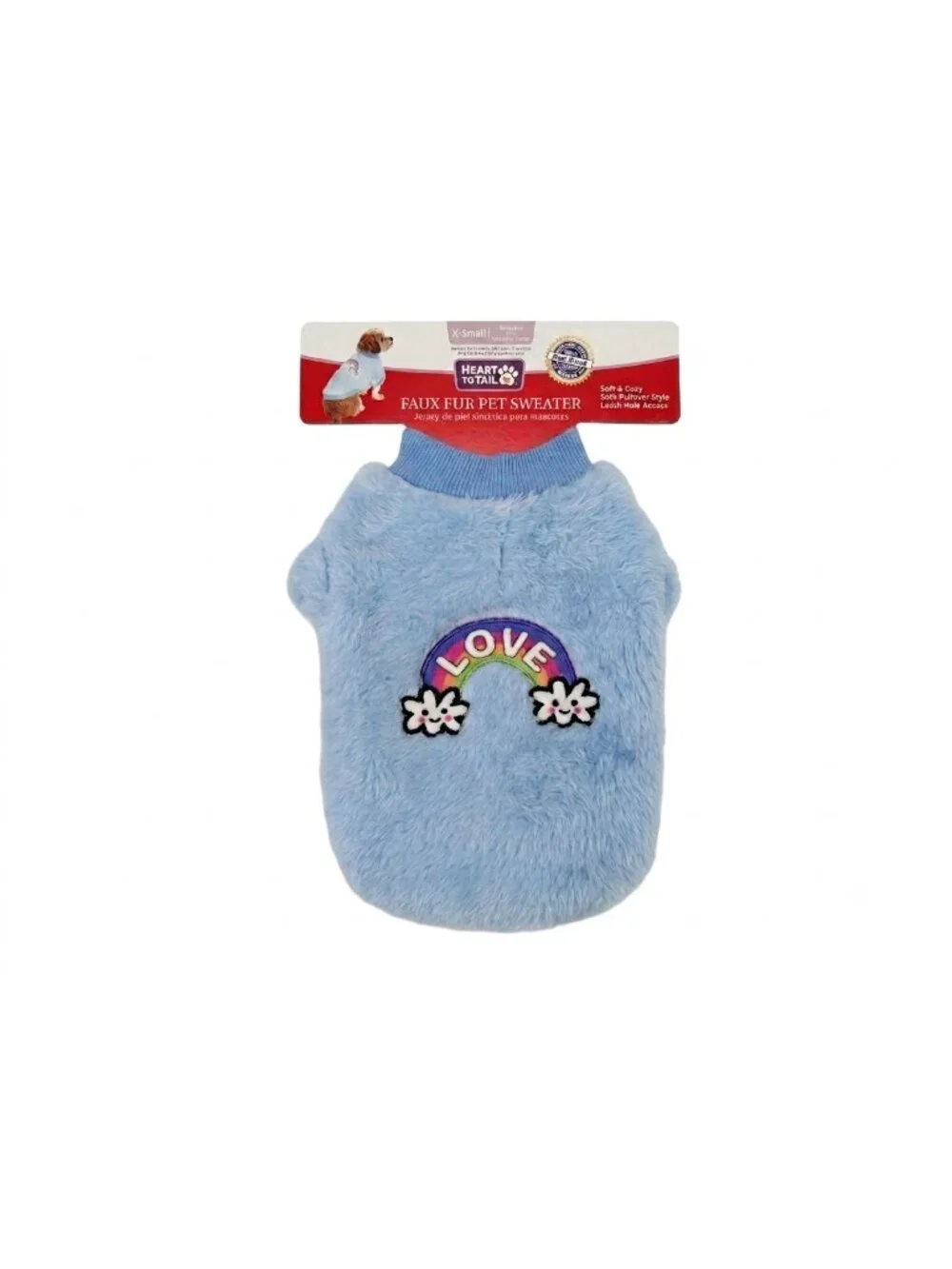 Heart to Tail Faux Fur Pet Sweater XS Blue LOVE Rainbow Daisy Dog NWT